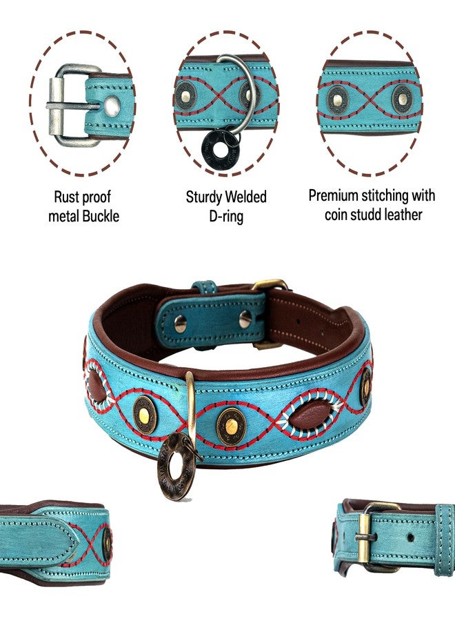 ADIL'S Adil’S Coin Studded Leather Dog Collar 1.5inch Width - Premium Stitching Design with Strong Metal Buckle & D-Ring, Suitable for Small Medium & Large Dogs, Size: S to XL, Sky Blue - Image 3